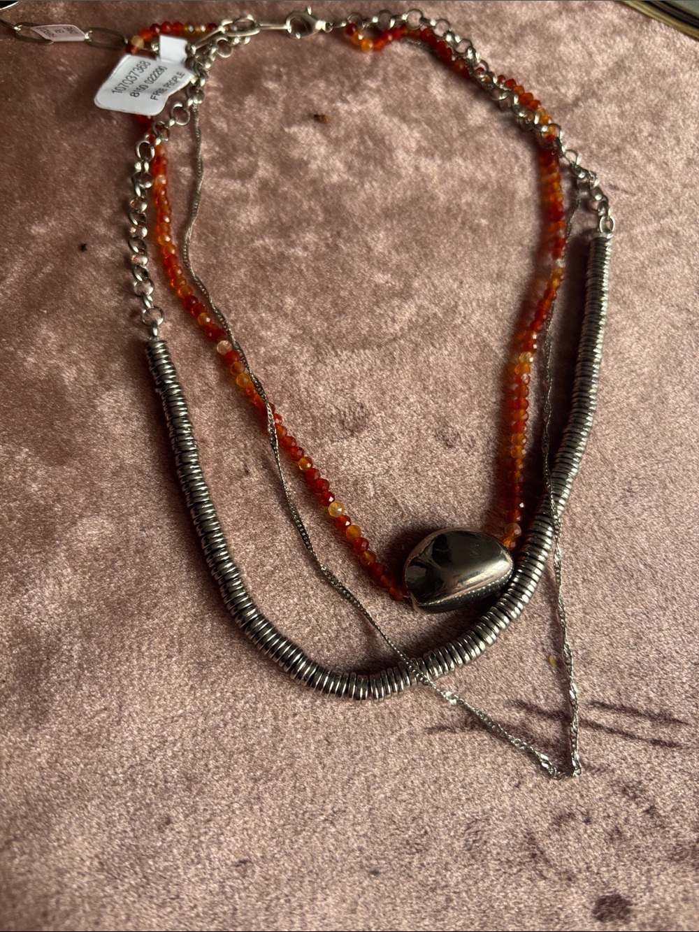 Free People Layered Orange Bead Necklace with Silver Pendant